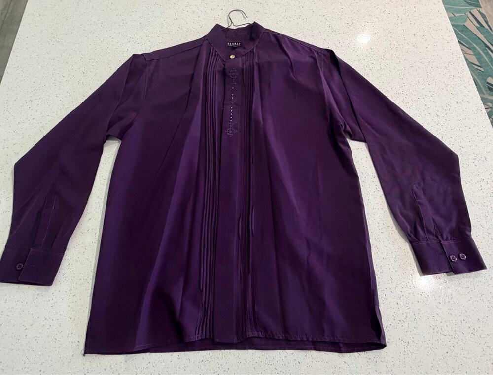 Pronti Mens Purple Mandarin Collar Shirt Long Sleeve Embroidered Size Large